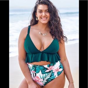 Women's High Waisted Green and  Ruffled  Bikini .